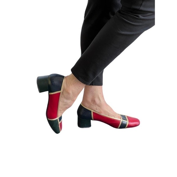 70s Frank Morr VTG Leather Pump Spain Sz 9.5 Colorblock Blue Red Gold Square Toe - Picture 5 of 9